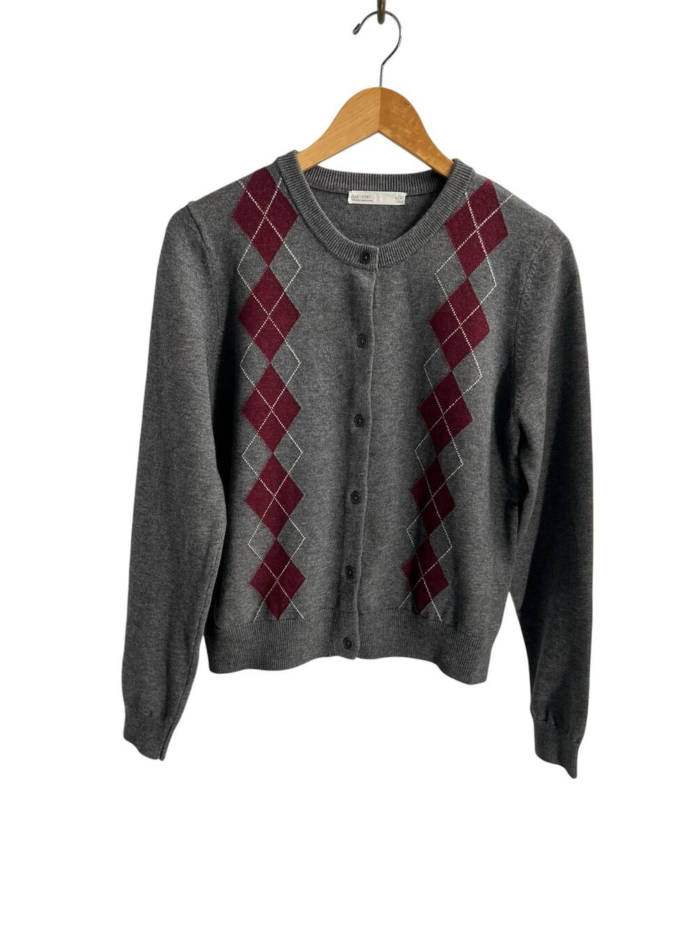 Oak + Fort Argyle Intarsia  Button Front Cardigan Dark Gray-Maroon Size Medium
